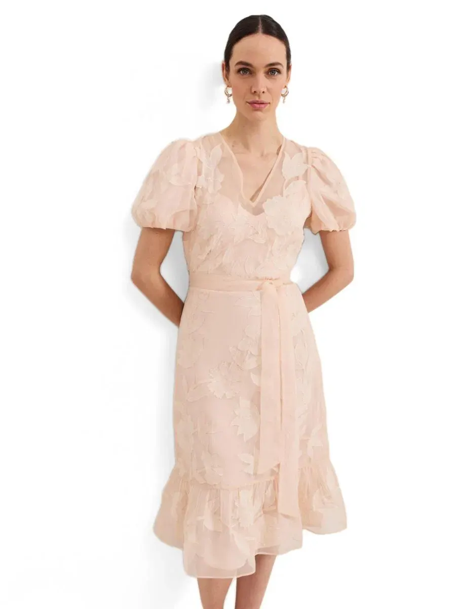 Платье-миди с запахом, с V-образным вырезом и рукавом-фонарик, Chrissie Tie Waist Wrap Midi Dress — изображение 2 из 6