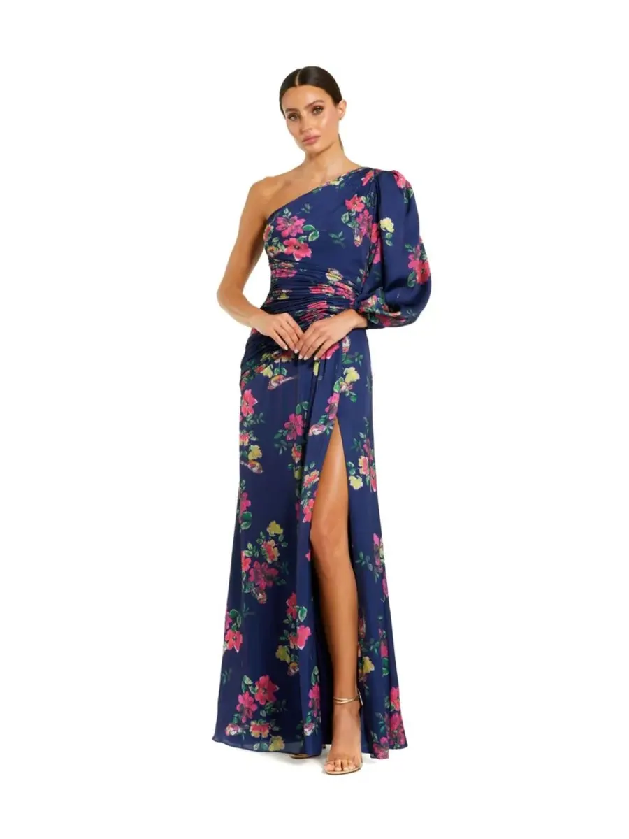 Mac Duggal Женское платье Ieena с цветочным принтом и одним рукавом — изображение 1 из 3, темно-синий