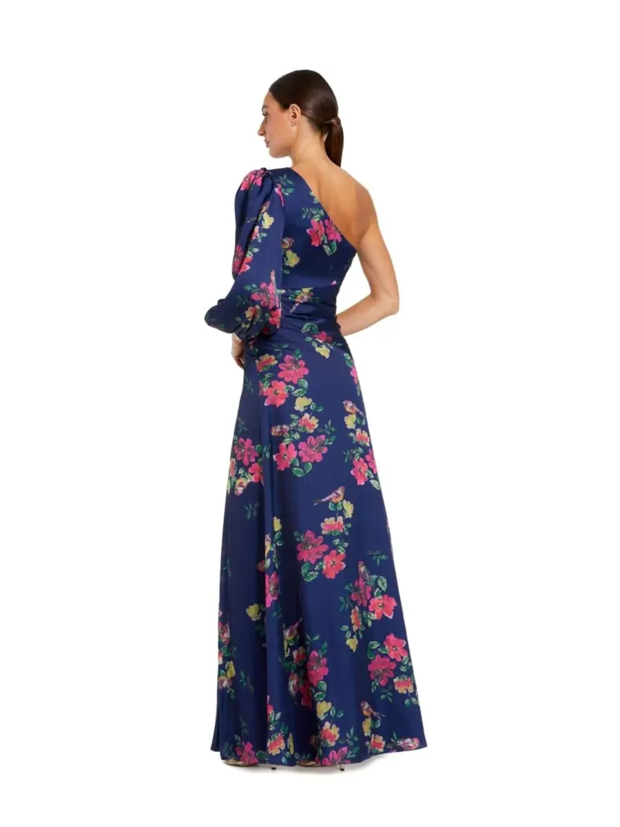 Mac Duggal Женское платье Ieena с цветочным принтом и одним рукавом — изображение 2 из 3, темно-синий