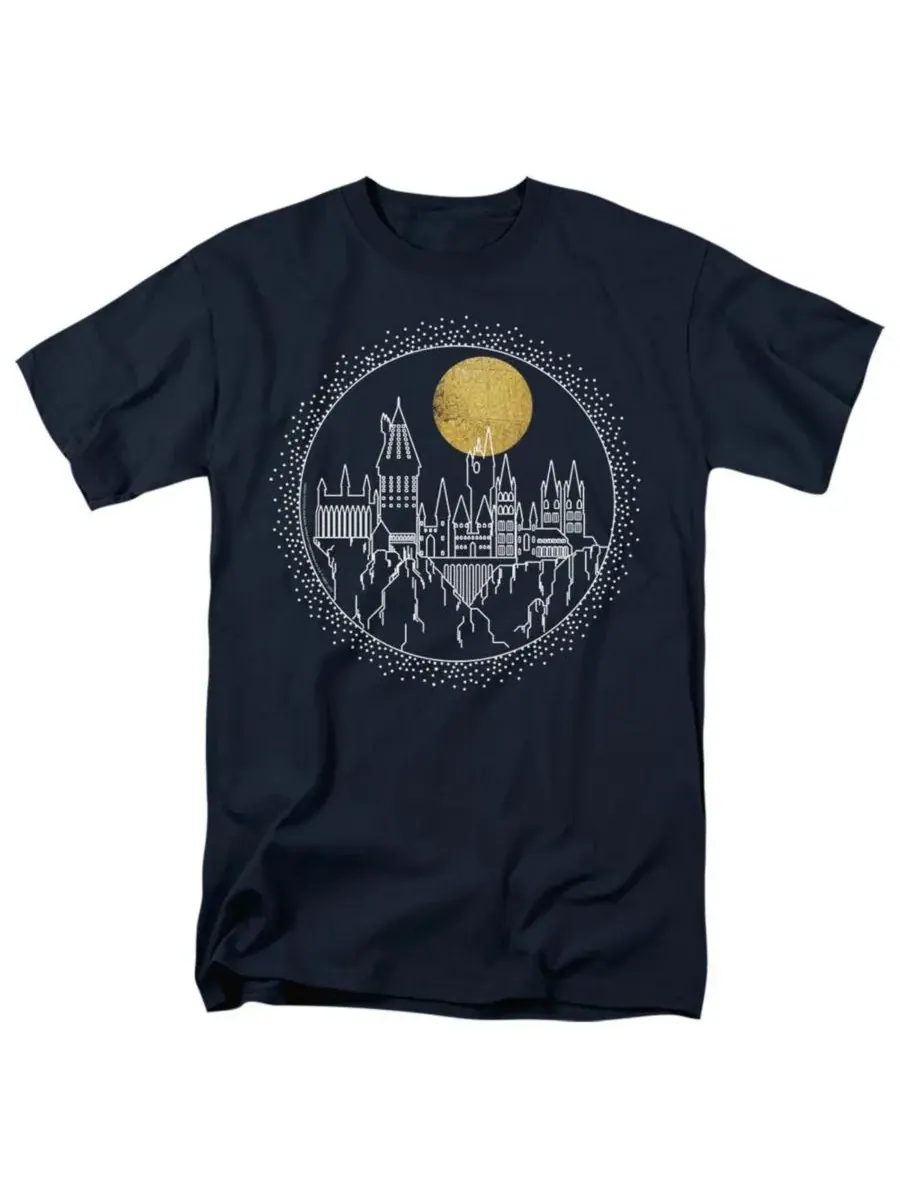 Мужская футболка с линейным рисунком Хогвартса в полнолуние Harry Potter — изображение 1 из 3, темно-синий