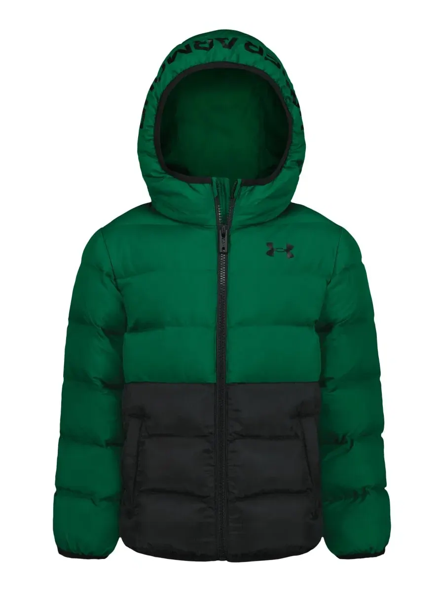 Куртка-пуховик с капюшоном Logo Full-Zip Puffer Hooded Jacket Under Armour — изображение 1 из 10, зеленый/черный