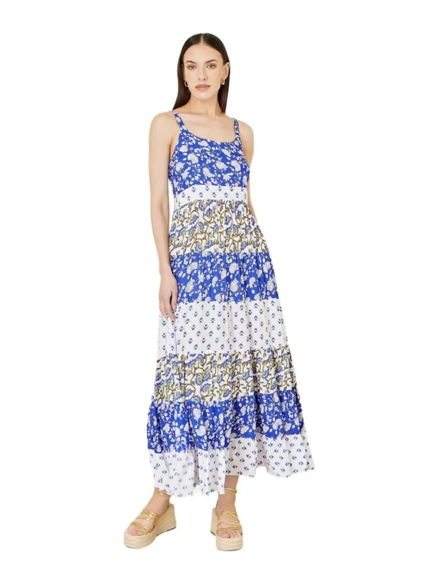 Макси-платье с принтом и ярусной юбкой Patchwork Print Tiered Yumi — изображение 1 из 8, синий