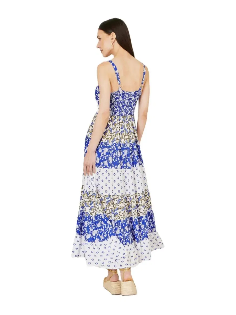 Макси-платье с принтом и ярусной юбкой Patchwork Print Tiered Yumi — изображение 2 из 8, синий