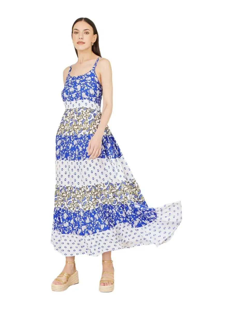 Макси-платье с принтом и ярусной юбкой Patchwork Print Tiered Yumi — изображение 3 из 8, синий