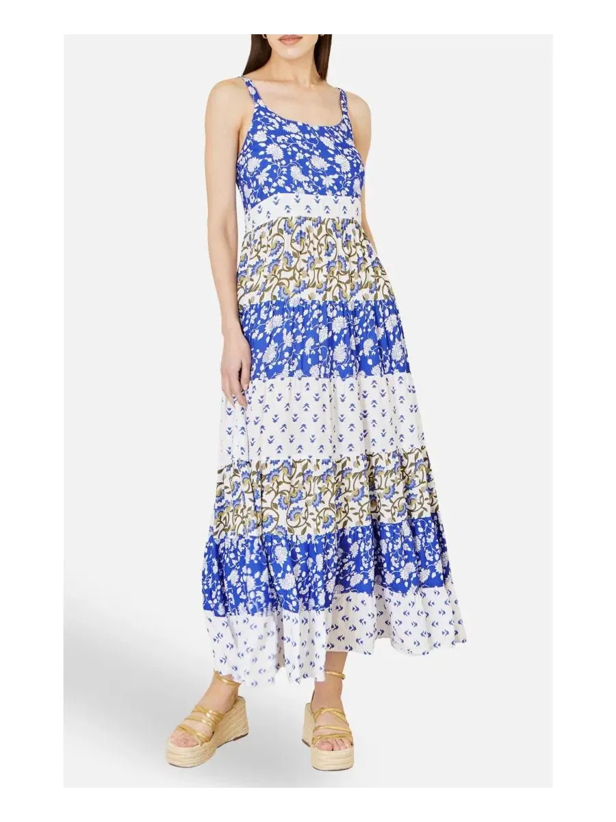 Макси-платье с принтом и ярусной юбкой Patchwork Print Tiered Yumi — изображение 6 из 8, синий
