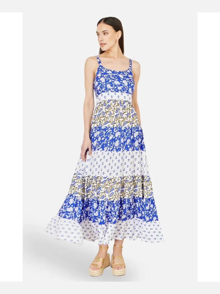 Макси-платье с принтом и ярусной юбкой Patchwork Print Tiered Yumi — изображение 7 из 8, синий