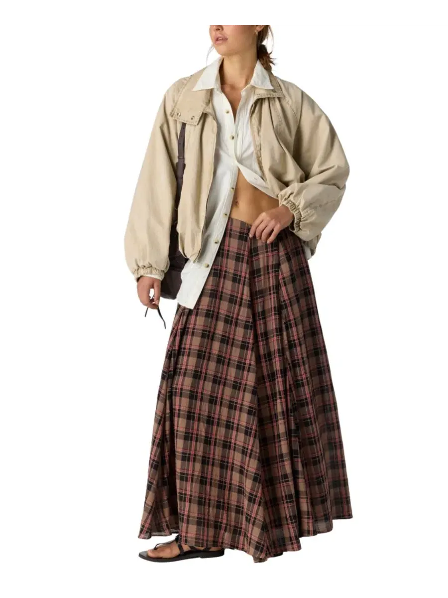 Юбка макси-трапеция с защипами Ives Maxi Plaid Pleated Free People — изображение 2 из 5, шоколадный микс