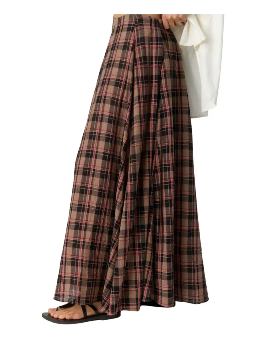 Юбка макси-трапеция с защипами Ives Maxi Plaid Pleated Free People — изображение 3 из 5, шоколадный микс