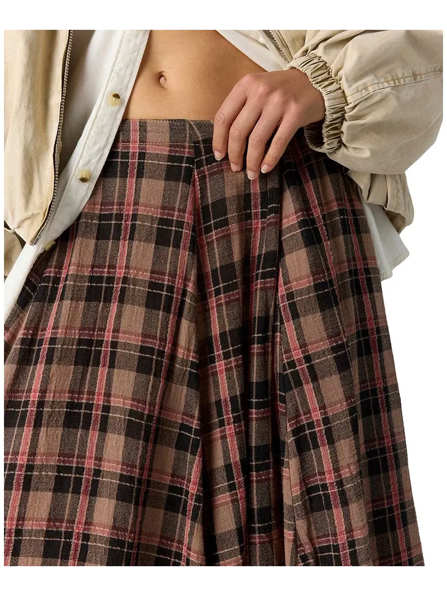 Юбка макси-трапеция с защипами Ives Maxi Plaid Pleated Free People — изображение 4 из 5, шоколадный микс