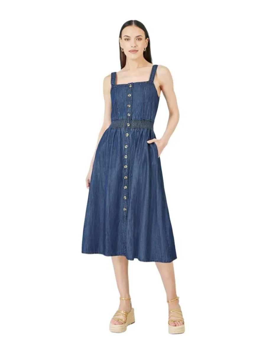 Платье Yumi Chambray Cotton Ruched Midi Sun — изображение 2 из 6, синий