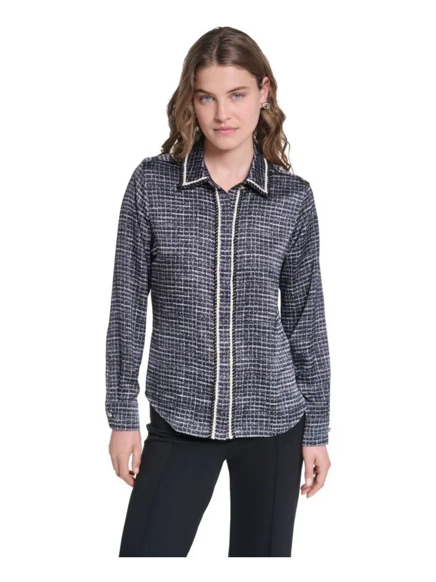 Топ с воротником и твидовой отделкой, модель Petite Print Tweed Trim KARL LAGERFELD PARIS