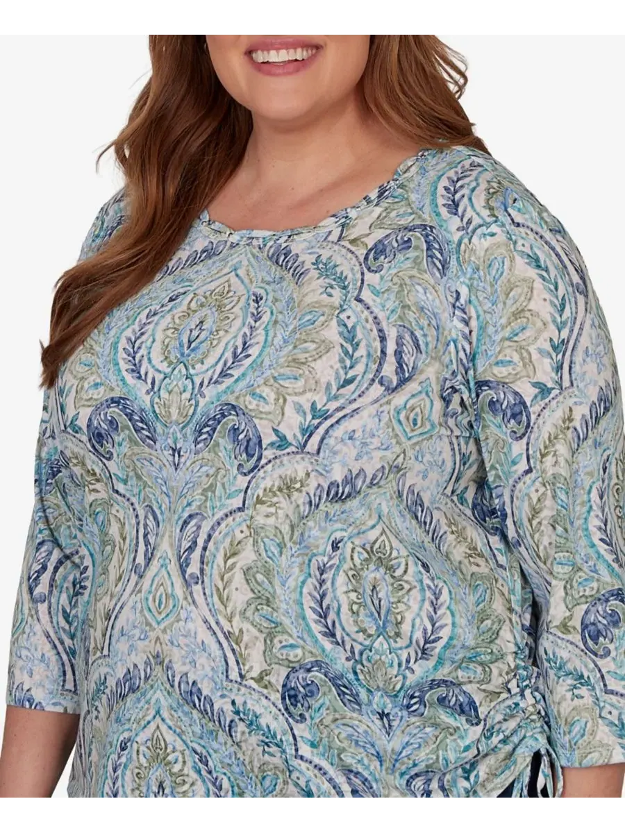 Топ с принтом Medallion Print Braided Neck Alfred Dunner — изображение 4 из 5, зеленый мульти