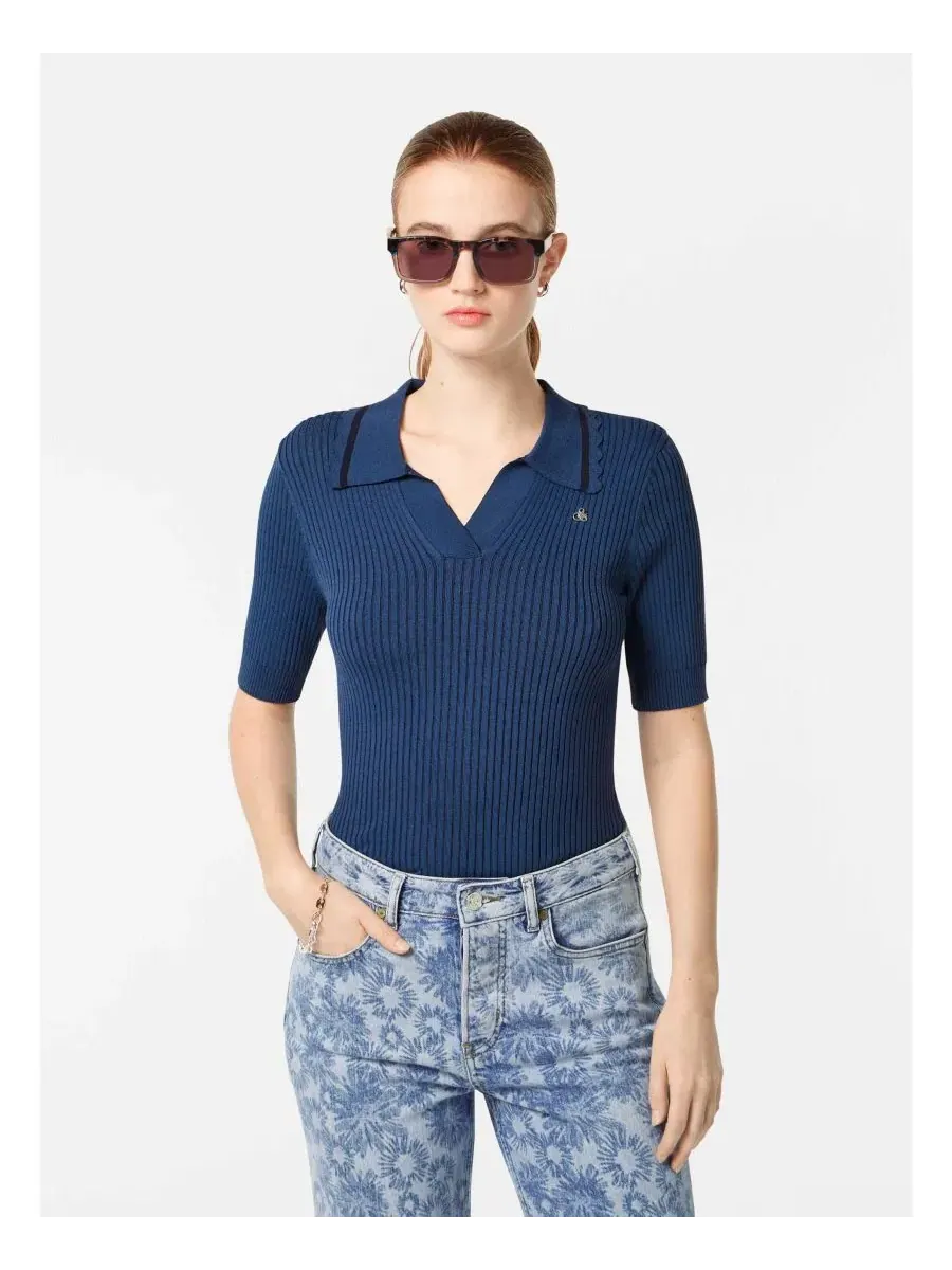 Женский пуловер с поло-воротником и коротким рукавом SCOTCH & SODA — изображение 1 из 5, синий