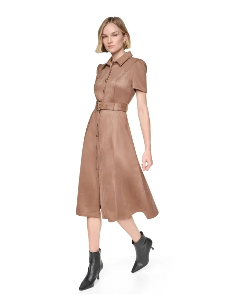 Платье-рубашка миди с коротким рукавом, модель A-Line DKNY — изображение 3 из 6, коричневый