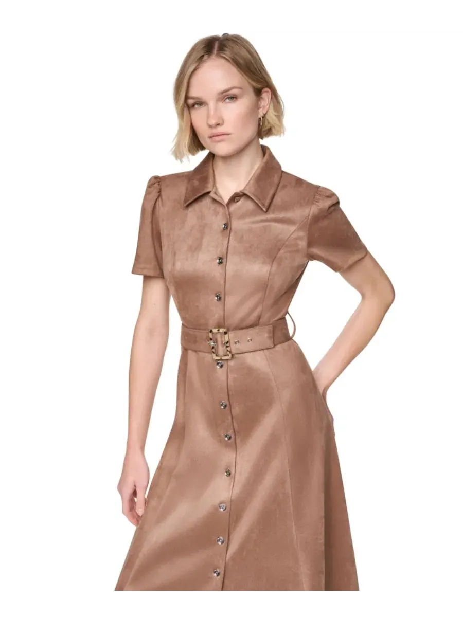 Платье-рубашка миди с коротким рукавом, модель A-Line DKNY — изображение 4 из 6, коричневый