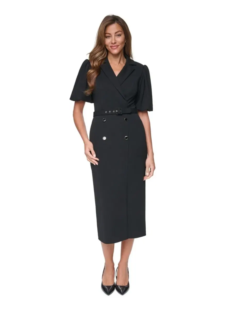 Платье-футляр миди с коротким рукавом-фонарик, модель Puff-Sleeve Short-Sleeve Sheath Midi Dress — изображение 1 из 5, черный