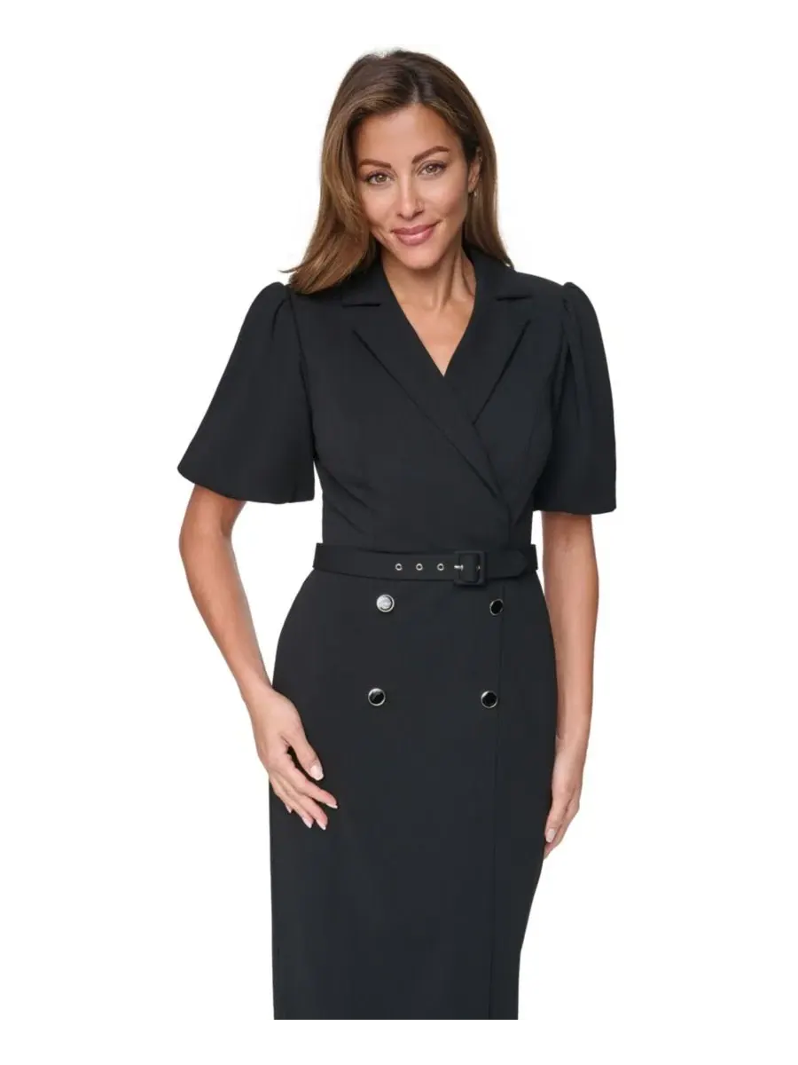 Платье-футляр миди с коротким рукавом-фонарик, модель Puff-Sleeve Short-Sleeve Sheath Midi Dress — изображение 3 из 5, черный