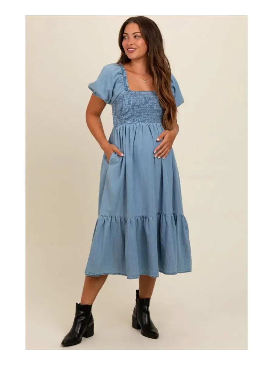 Платье миди на запах с рюшами, модель Vintage Wash Chambray Pinkblush