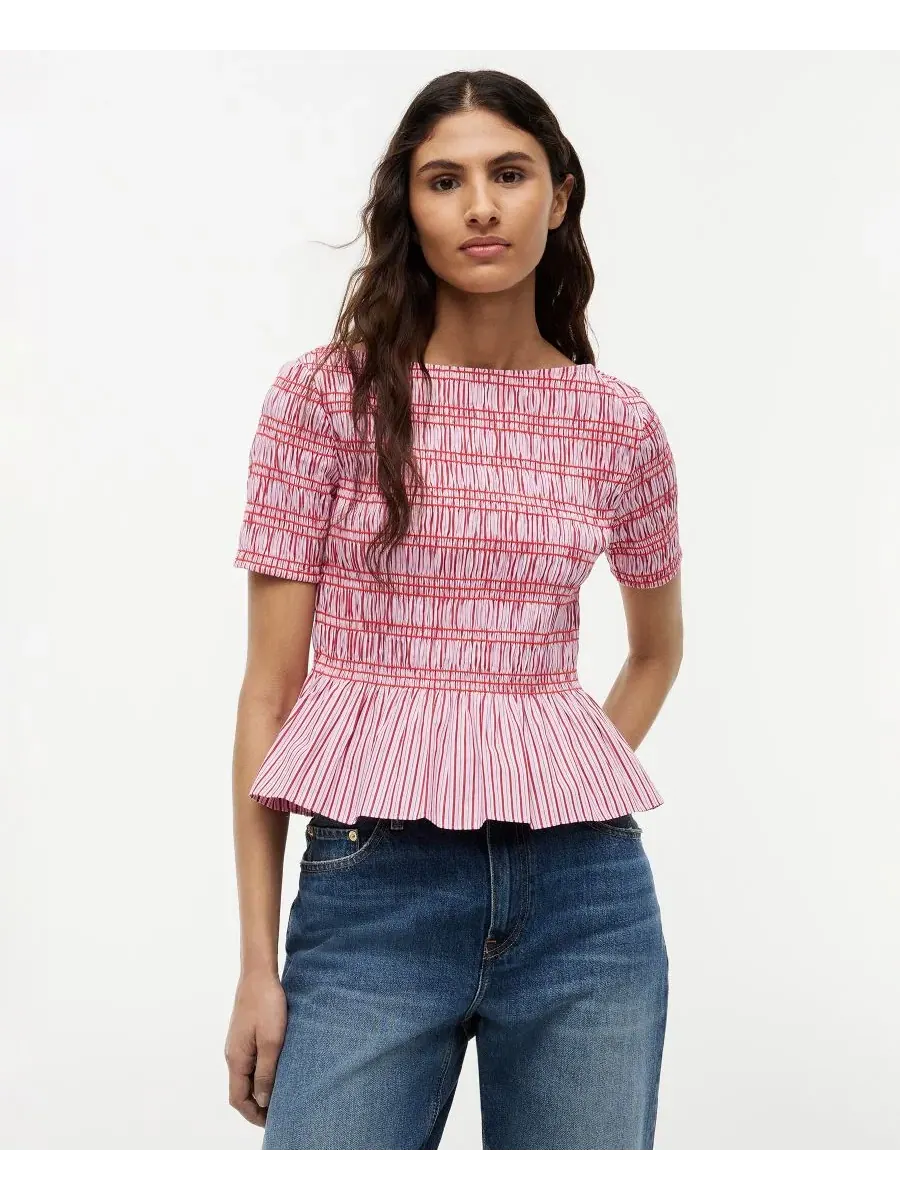 Топ с плиссировкой и полосками, с лодочкой, короткий рукав, 100% хлопок Tommy Hilfiger — изображение 1 из 4, розовый мульти