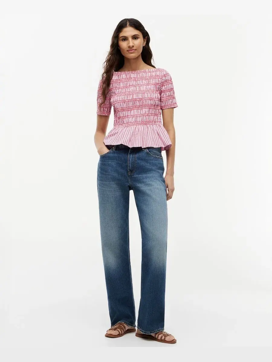 Топ с плиссировкой и полосками, с лодочкой, короткий рукав, 100% хлопок Tommy Hilfiger — изображение 2 из 4, розовый мульти