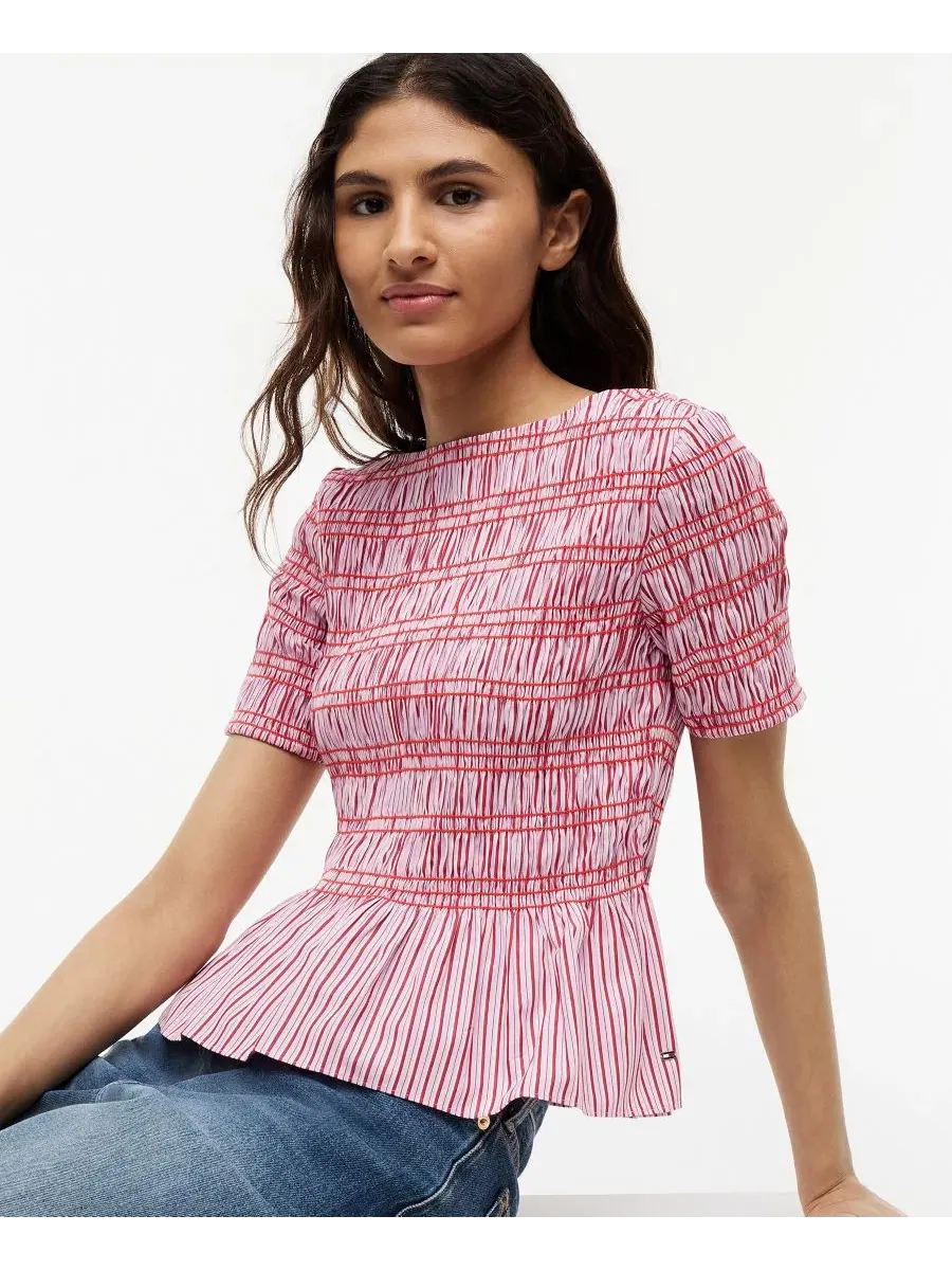 Топ с плиссировкой и полосками, с лодочкой, короткий рукав, 100% хлопок Tommy Hilfiger — изображение 3 из 4, розовый мульти