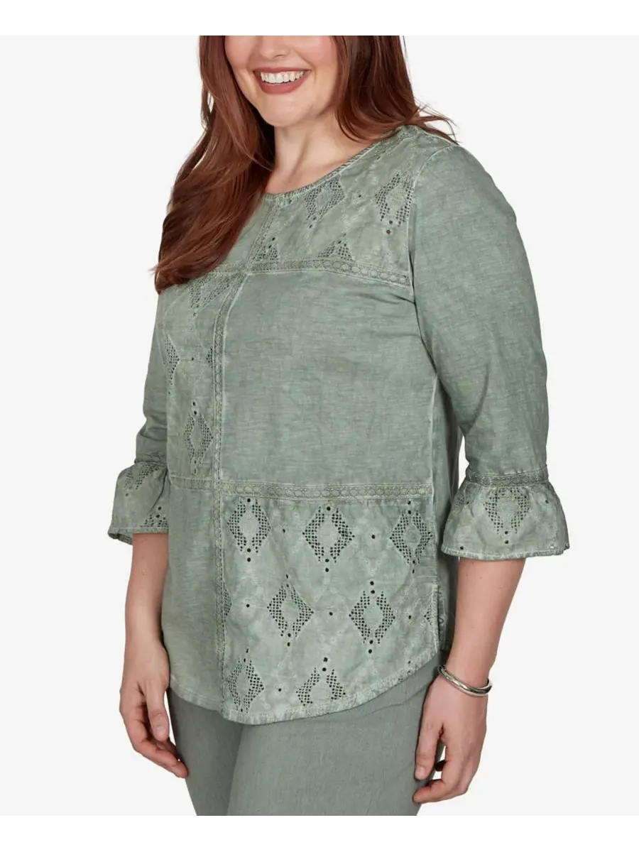 Женский топ с тональными вставками Provence Tonal Spliced Patchwork Top Alfred Dunner — изображение 2 из 5, оливковый