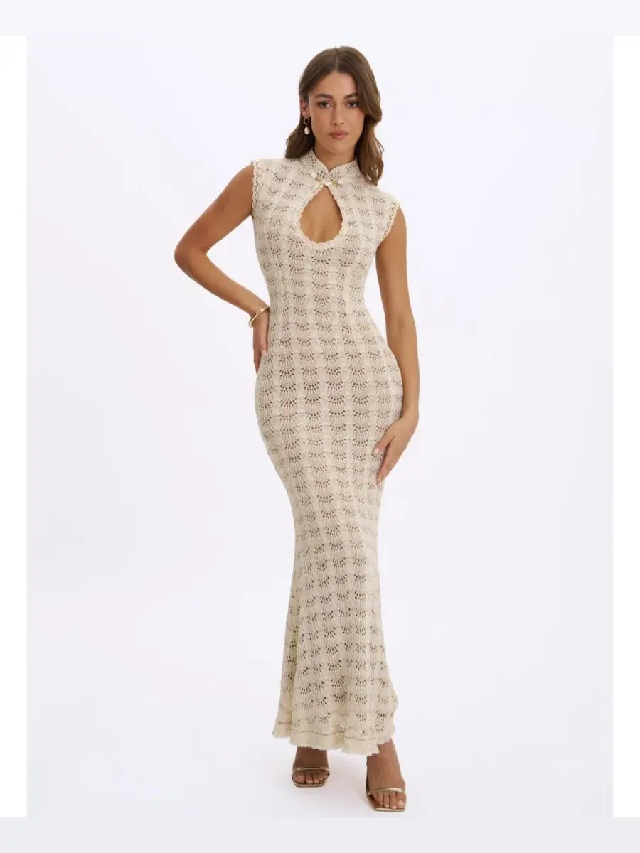 Платье-макси с бахромой Xylona Beige and Gold Miss Circle — изображение 4 из 9, бежевый золотистый