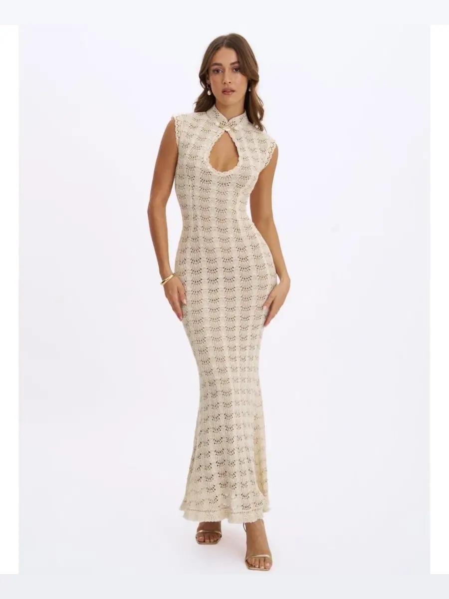 Платье-макси с бахромой Xylona Beige and Gold Miss Circle — изображение 5 из 9, бежевый золотистый