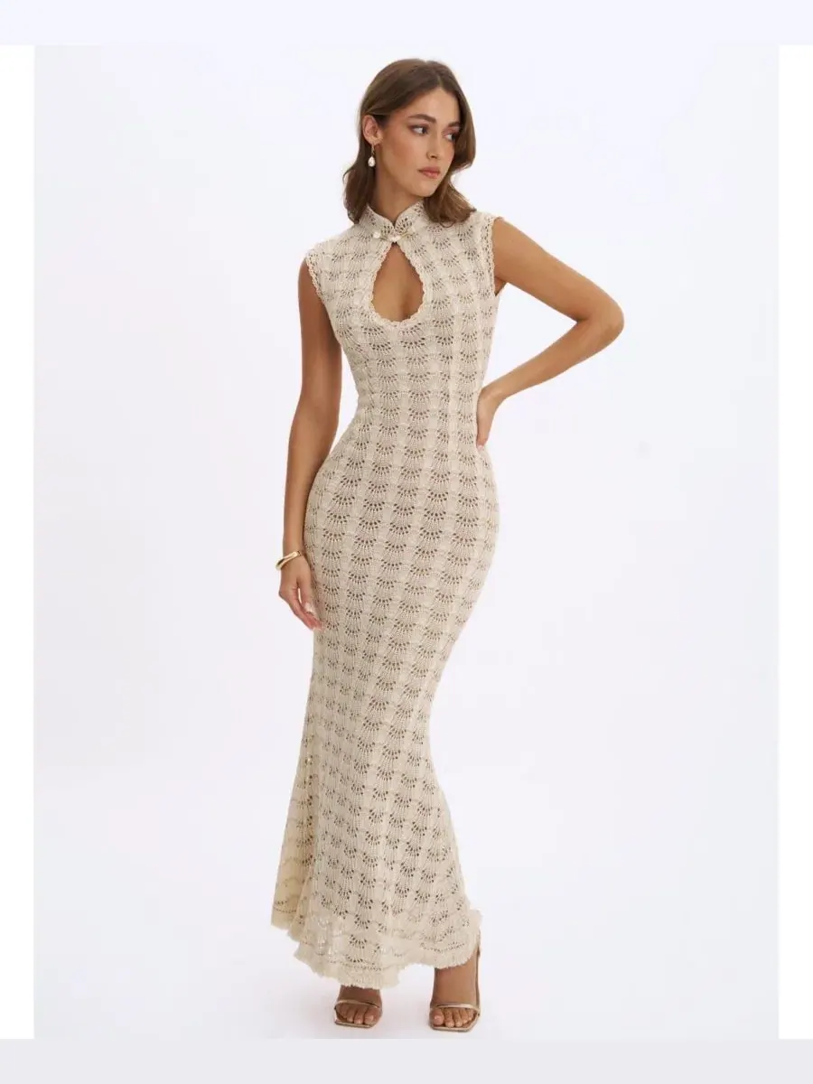 Платье-макси с бахромой Xylona Beige and Gold Miss Circle — изображение 6 из 9, бежевый золотистый