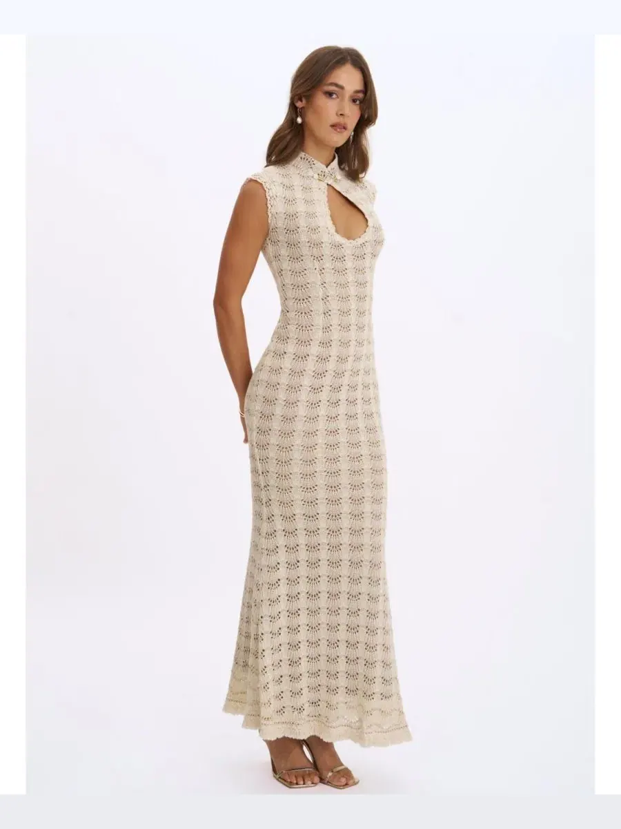 Платье-макси с бахромой Xylona Beige and Gold Miss Circle — изображение 8 из 9, бежевый золотистый