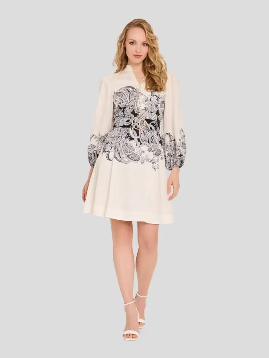 Платье-трапеция с принтом Border Print Buttoned Tahari ASL — изображение 1 из 5, слоновая кость черный