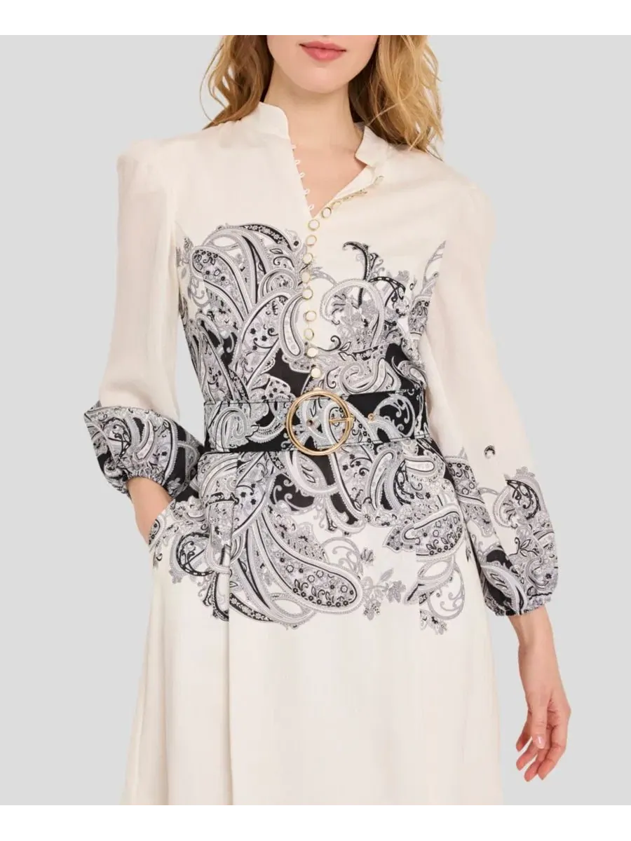 Платье-трапеция с принтом Border Print Buttoned Tahari ASL — изображение 4 из 5, слоновая кость черный