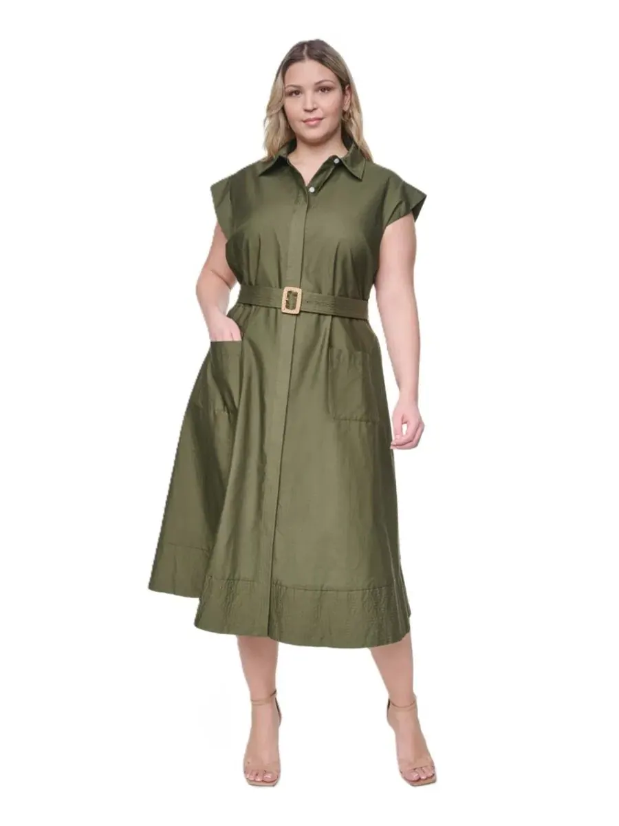 Платье-рубашка миди с поясом Trapunto Stitch Short-Sleeve Belted Midi Shirt-Dress Eliza J — изображение 1 из 5, оливковый