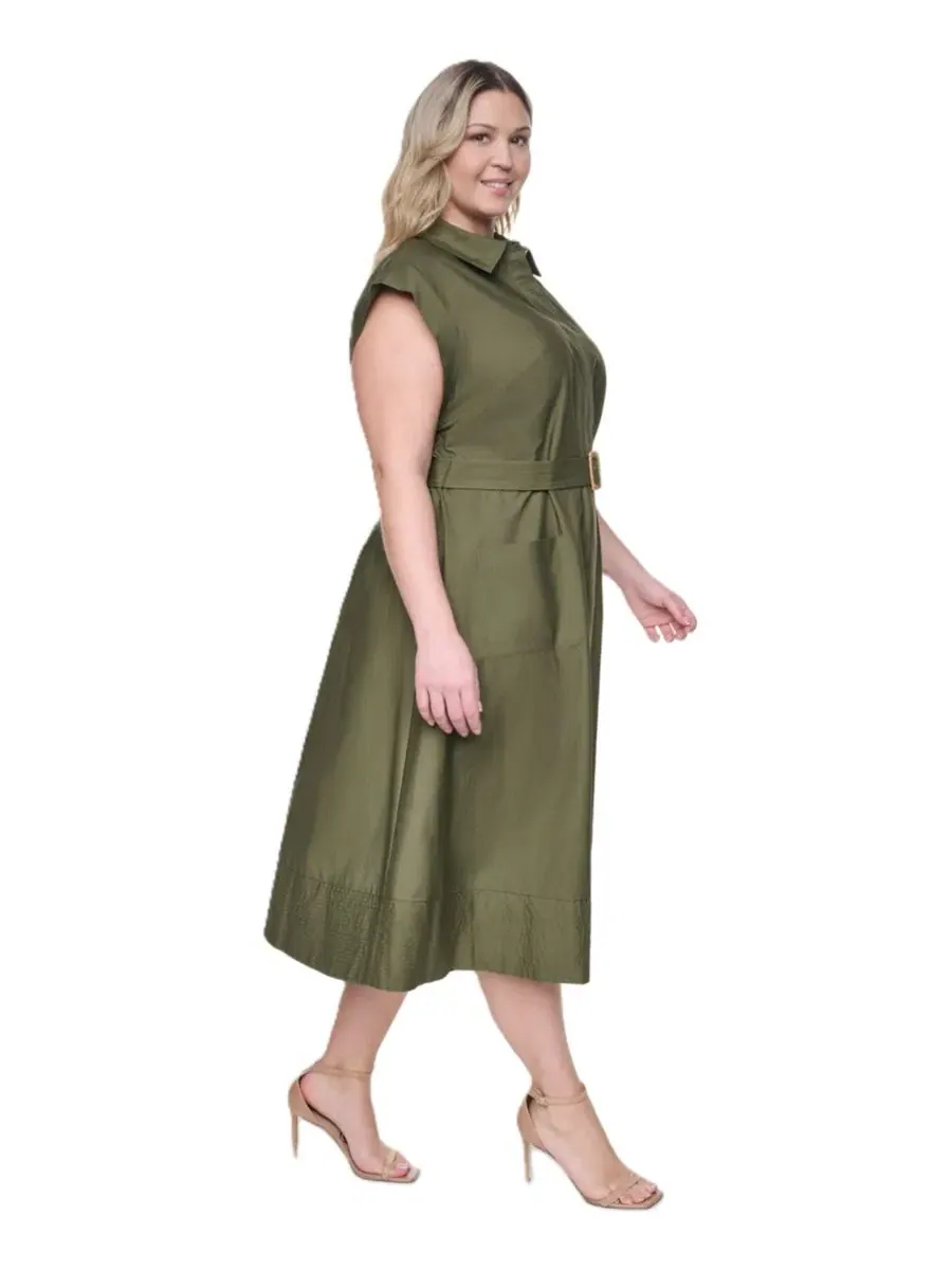 Платье-рубашка миди с поясом Trapunto Stitch Short-Sleeve Belted Midi Shirt-Dress Eliza J — изображение 2 из 5, оливковый