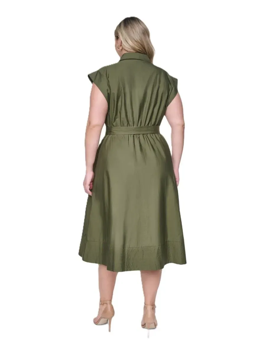 Платье-рубашка миди с поясом Trapunto Stitch Short-Sleeve Belted Midi Shirt-Dress Eliza J — изображение 3 из 5, оливковый