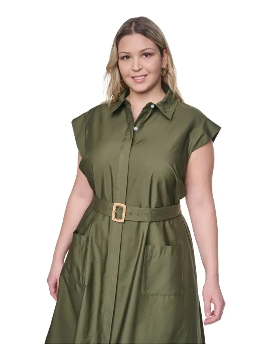 Платье-рубашка миди с поясом Trapunto Stitch Short-Sleeve Belted Midi Shirt-Dress Eliza J — изображение 4 из 5, оливковый