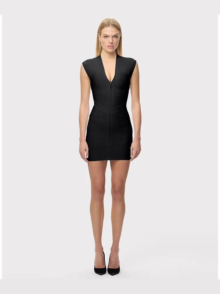 Платье мини с V-образным вырезом и молнией спереди Herve Leger — изображение 1 из 7, черный