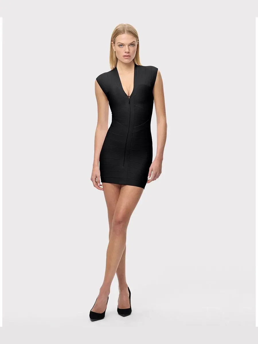 Платье мини с V-образным вырезом и молнией спереди Herve Leger — изображение 2 из 7, черный