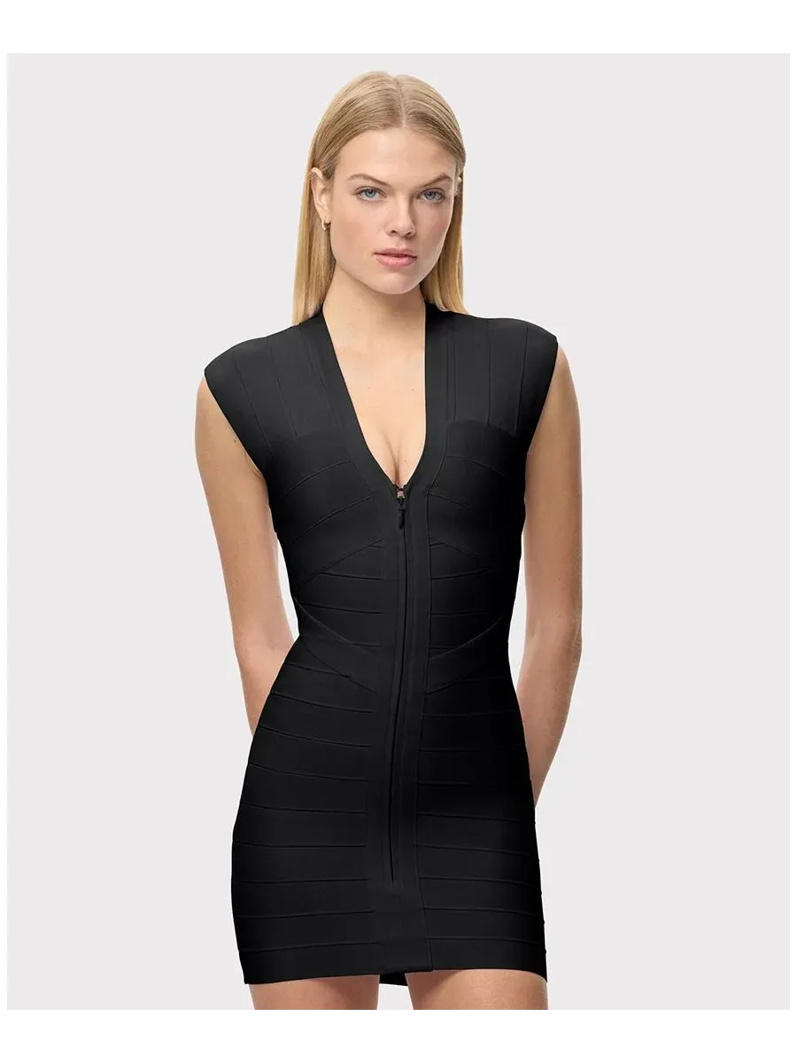 Платье мини с V-образным вырезом и молнией спереди Herve Leger — изображение 3 из 7, черный