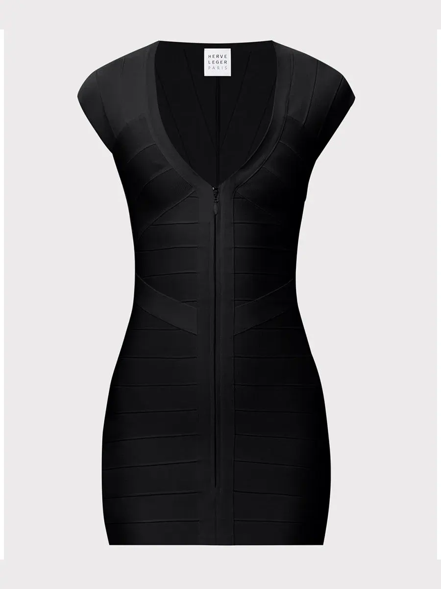 Платье мини с V-образным вырезом и молнией спереди Herve Leger — изображение 6 из 7, черный
