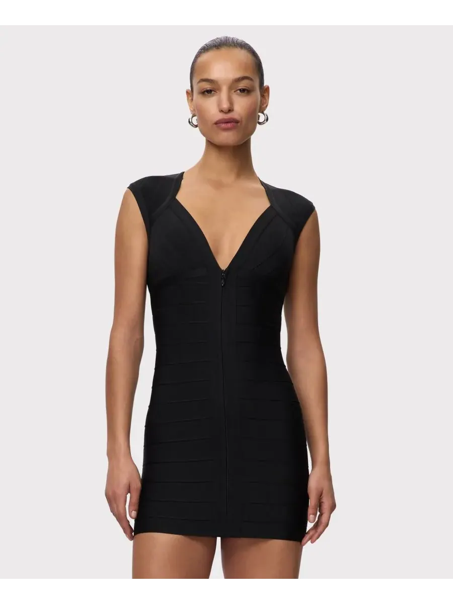 Женское мини-платье с V-образным вырезом Herve Leger — изображение 2 из 5, черный