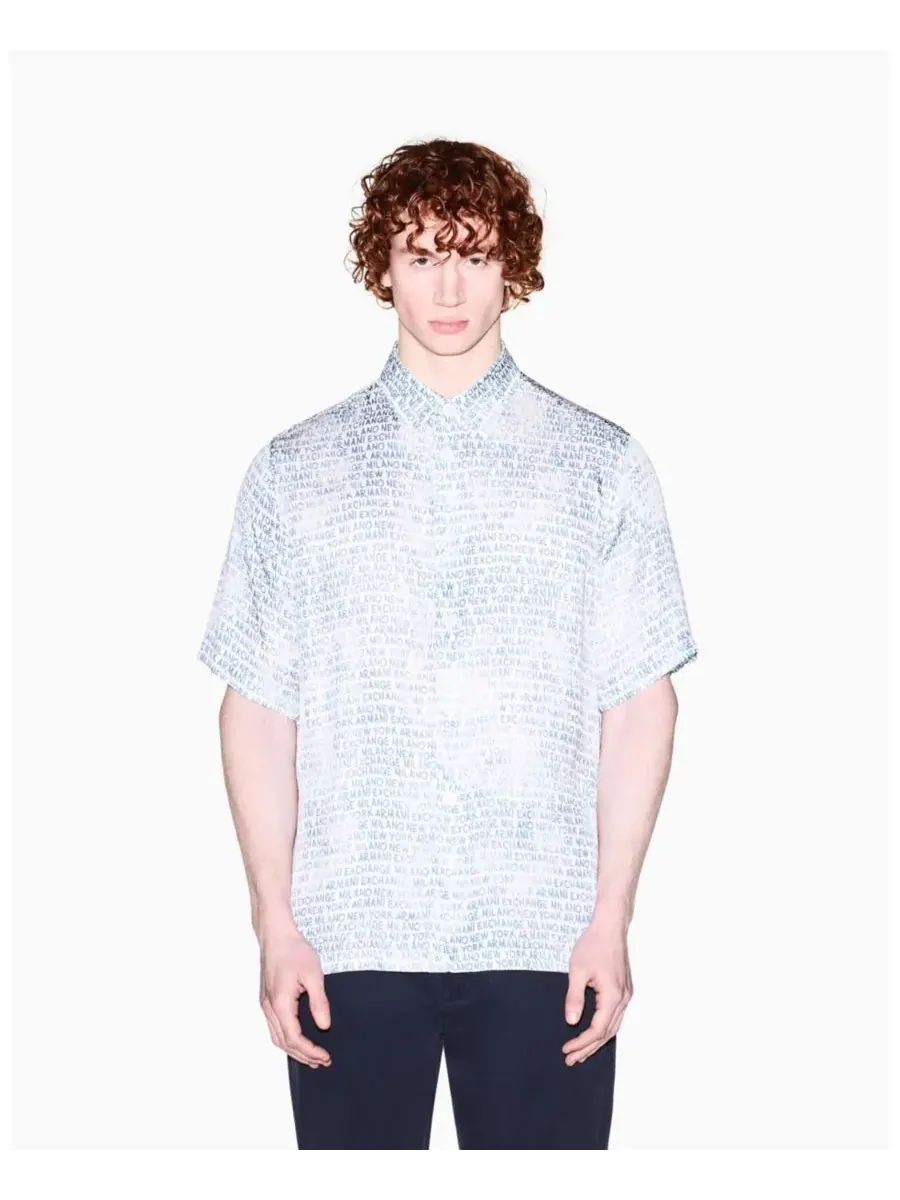 Мужская шелковая рубашка с принтом на пуговицах A|X Armani Exchange, синий, белый print
