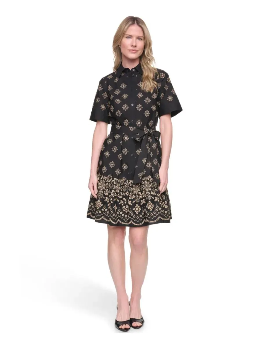Платье-рубашка с коротким рукавом и поясом, Petite Short-Sleeve Fit and Flare Shirt-Dress Jessica — изображение 1 из 5