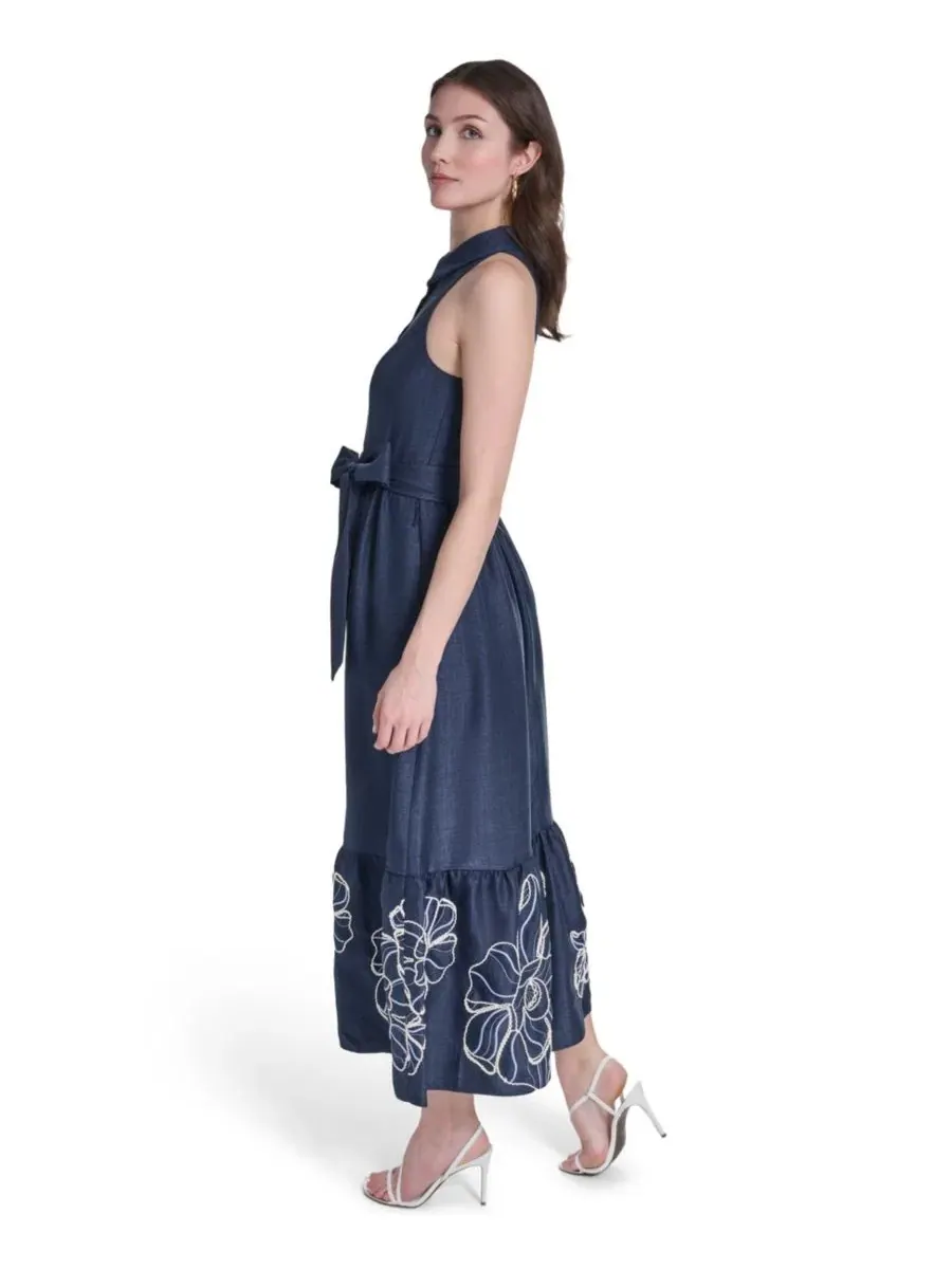 Платье-рубашка миди с вышивкой Petite Embroidered Midi Shirt-Dress Vince Camuto — изображение 3 из 4, темно-синий мульти