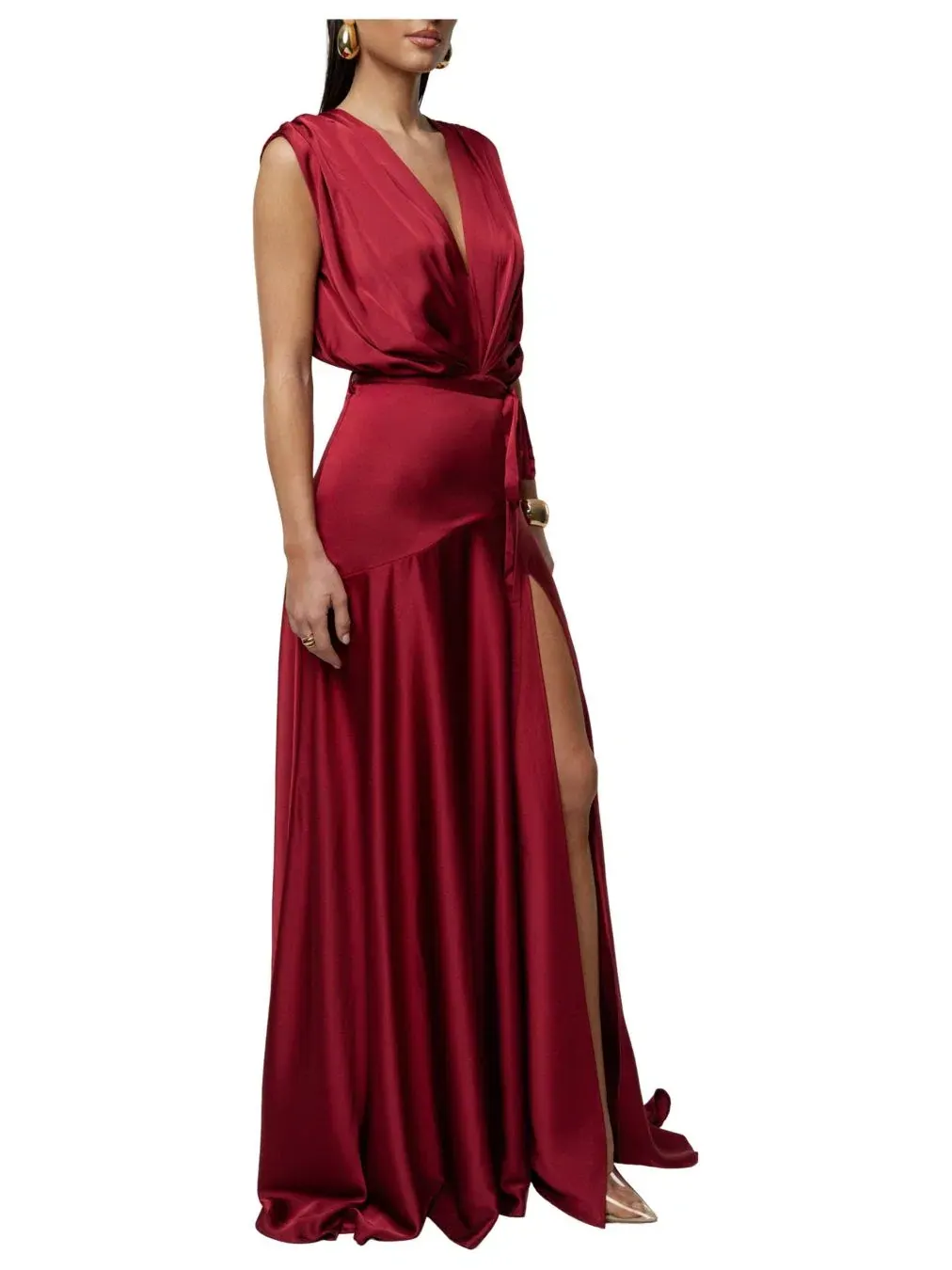 Платье-макси из атласа с V-образным вырезом Amalia Satin JLUXLABEL — изображение 2 из 11, красный