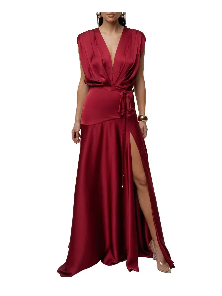Платье-макси из атласа с V-образным вырезом Amalia Satin JLUXLABEL — изображение 6 из 11, красный