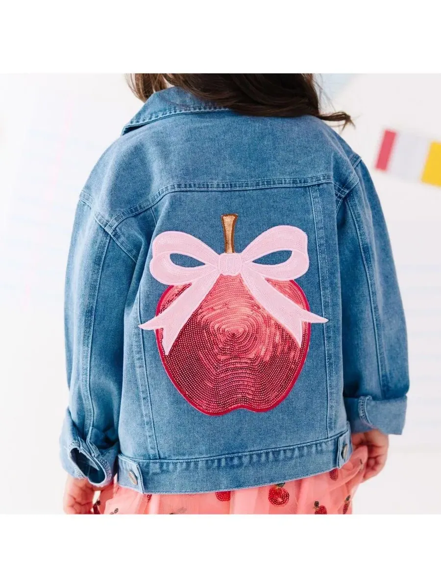 Детская джинсовая куртка с аппликацией Apple Bow Sequin Patch Sweet Wink — изображение 4 из 5, джинсовый синий