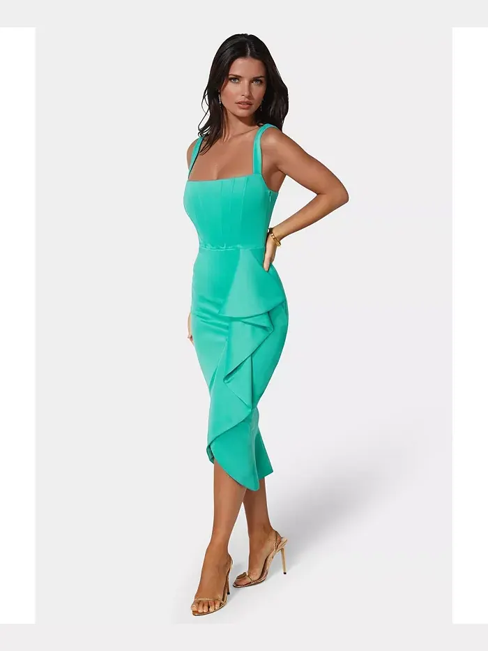 Женское платье-бюстье с рюшами и запахом Scuba Ruffle Wrap Bebe — изображение 2 из 3, бирюзовый