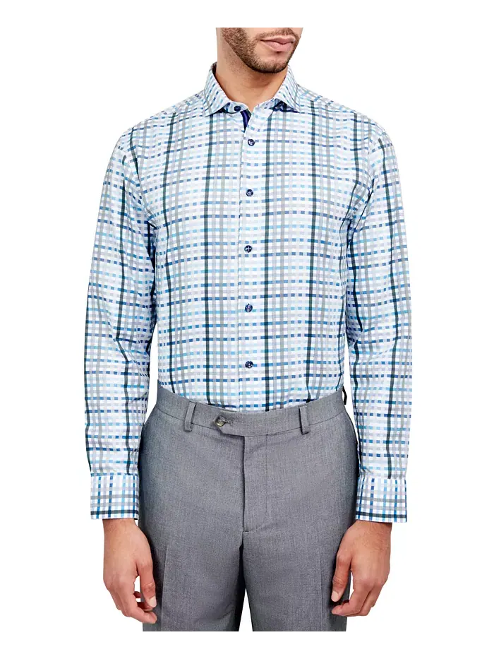 Мужская классическая рубашка Regular-Fit Dobby Plaid MICHELSONS OF LONDON — изображение 1 из 4, синий