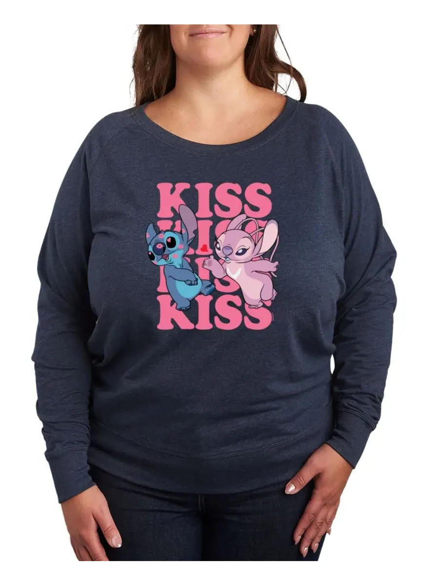 Футболка большого размера с круглым вырезом и надписью "Stitch Valentines Day Kiss Kiss Kiss" — изображение 1 из 3, синий